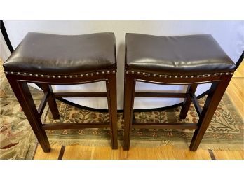 Pair Of Mahogany Stools With Brown Leather