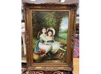Original Large Oil Painting Of Two Sisters Signed Andrews
