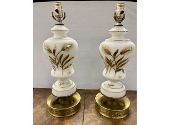 Pair Of Vintage Frosted Glass Lamps With Wheat Sheaf