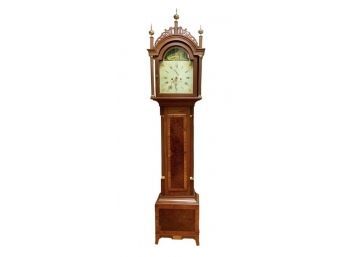 Antique Mahogany Inlay John F Clinton Grandfather Clock With Hand Painted Face