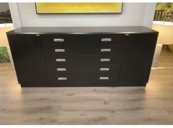 Mid Century Modern Black Lacquer And Silver Handled Dresser Credenza