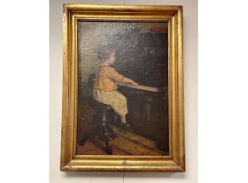 Antique Signed Original Oil Painting Girl Playing Piano