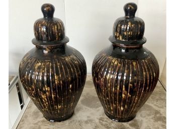 Pair Brown Glazed Ceramic Temple Urns Tortoise Shell Finish