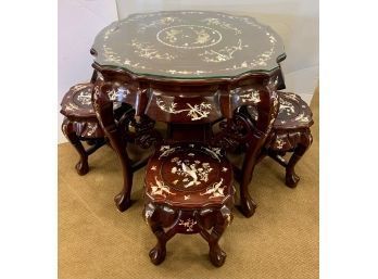 Chinese Carved Rosewood And Mother Of Pearl Tea Table And Chairs