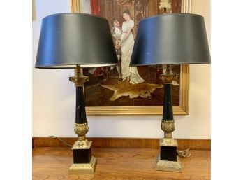 Pair Of Tall Neoclassical Black & Brass Table Lamps