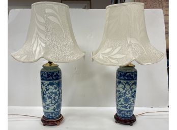 Pair Of Chinoiserie Porcelain Blue & White Lamps Made In England