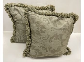 Pair Of Damask Designer Pillows With Olive Green Hues