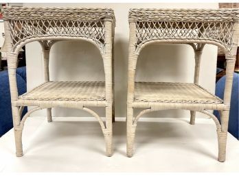 Boho Chic Mid Century Modern Pair Of Small Wicker End Tables