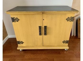 Mustard Colored Mid Century Rolling Bar Cart With Bamboo Accents