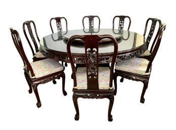 Exceptional $12,000.00 Custom Carved Rosewood Round Dining Set With 10 Matching Chairs