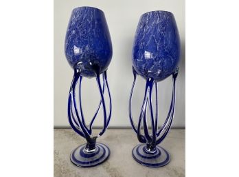 Cobalt Blue Blown Glass Hurricane Candleholders
