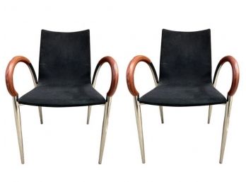 Pair Of Mid Century Modern Dining Chairs  With Solid Black Upholstery