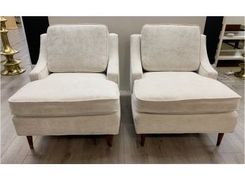 Pair Of Iconic Mid Century Modern Ivory White Crushed Velvet Newly Upholstered Chairs
