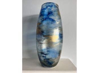 Mid Century Vintage Glass Vase With Blues And Golds