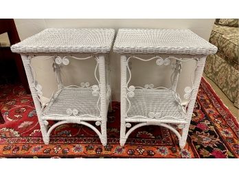Pair Of Boho Chic White Wicker Vintage End Tables