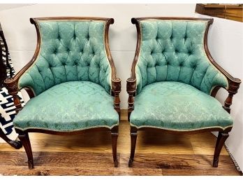 Elegant Pair Of Antique French Louis XVI Tufted Arm Chairs