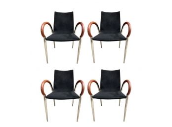 Mid Century Modern Dining Chairs Set Of Four With Solid Black Upholstery 1970s