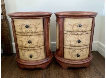 Pair Of Hand Painted Lillian August  Oval Three Drawer Nighstands
