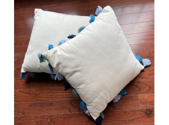 Pair Of Off White Pillows With Blue Fringe