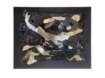 Mid Century Brutalist Mixed Media Black And Gold Signed Art Sculpture Painting