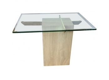 Mid Century Artedi Travertine Glass And Brass End Table