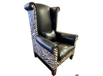 Magnificent Large Leather And Zebra Animal Print Cowhide Wingback Chair