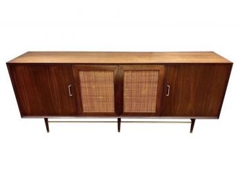 Furnette Mid Century Modern Walnut And Cane Buffet Sideboard Entertainment Credenza Bar Cabinet