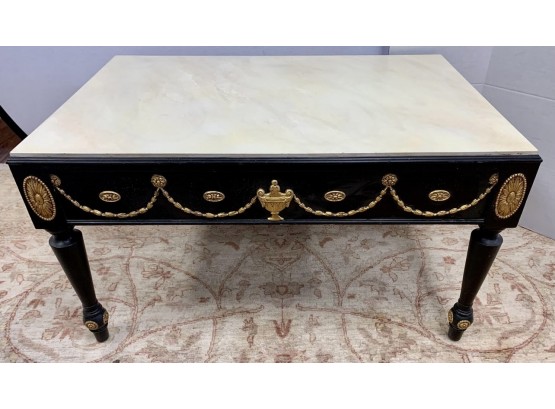Spectacular Neoclassical Black And Gold Coffee Table With Faux Marble Top