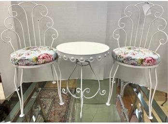3 Pc Vintage White Wrought Iron Bistro Set With New Lilly Pulitzer Upholstery