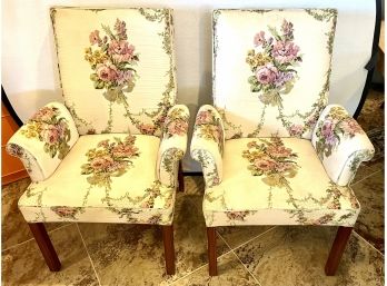 Magnificent Matching Pair Of Pretty Parisian Floral Shabby Chic Silk Arm Chairs