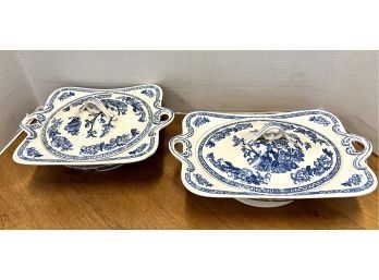 Rare John Maddock & Sons Two English Blue And White Indian Tree Covered Casserole Dishes