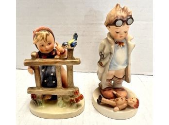 Two Hummel Figurines, Girl With Bird, Boy Playing Doctor
