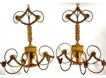 Luxurious Pair Of Tall French 3 Arm Tole Metal Candle Sconces