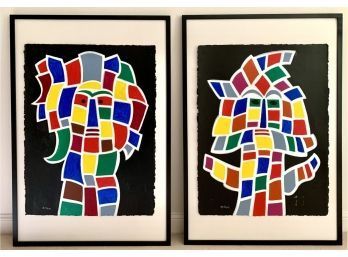 Fabulous Orignal Pair Of Acrylic Paintings By Nelson, Elephant And Lion Vibrant Colors