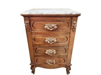 Well Constructed Small Antique Carved Four Drawer Marble Top Chest