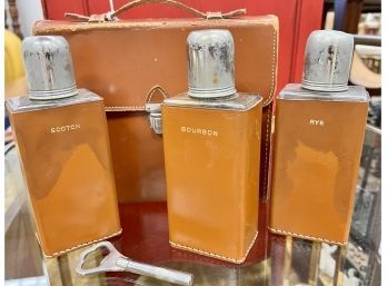 Vintage Leather Travel Bar Flask Set With Carrying Case