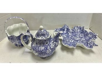 Rare Blue And White Signed J. Godinger Porcelain Plate, Teapot , Basket