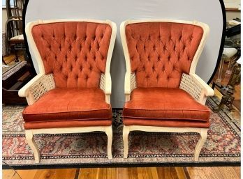 Groovy Pair Of Vintage Tufted Cane Wingback Chairs