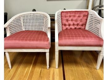 Sleek Set Of Two Vintage Cane Barrel Back Tub Chairs