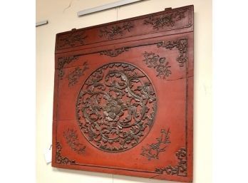 Antique 19th Century Large Chinese Red Carved Wooden Plaque Relief