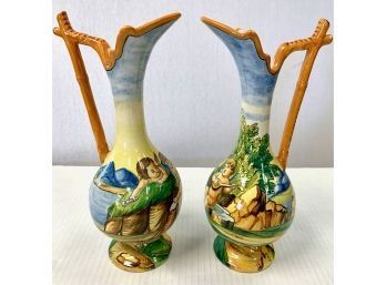 Fantastic Antique Italian Hand Painted Ceramic Pitchers With Cupids 12' Tall