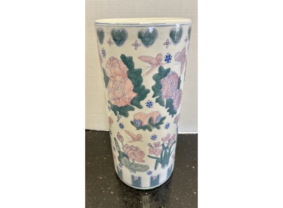 Chinoiserie Pink And Green Porcelain Umbrella Stand 15' Tall