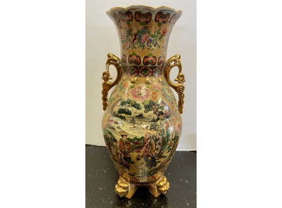 Asian Chinoiserie Hand Painted Foo Dog Vase With Raised Enamel And Measuring 18' Tall