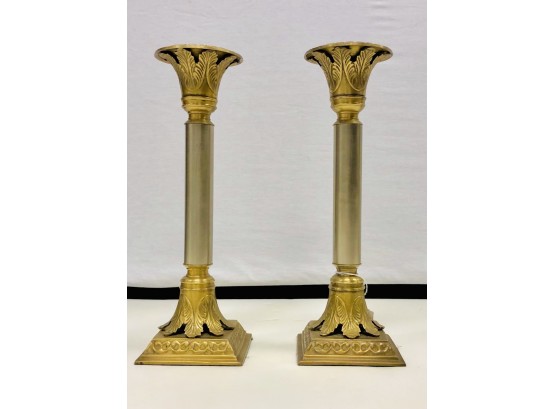 Pair Of Neoclassical Style Brass And Silver Candlesticks Candleholders