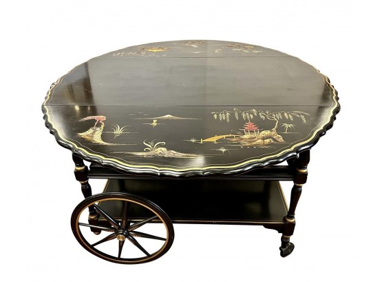 Chinoiserie Black Lacquered Hand Painted Rolling Tea Bar Cart