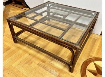 Mid Century Modern Vintage Bamboo And Glass Square Coffee Cocktail Table