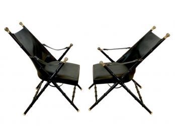 Pair Of Maison Jansen Leather Campaign Folding Chairs