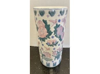 Chinoiserie Pink And Green Porcelain Umbrella Stand 15' Tall