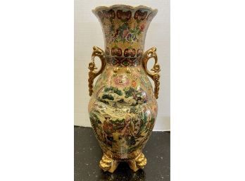 Asian Chinoiserie Hand Painted Foo Dog Vase With Raised Enamel And Measuring 18' Tall