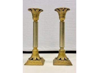 Pair Of Neoclassical Style Brass And Silver Candlesticks Candleholders